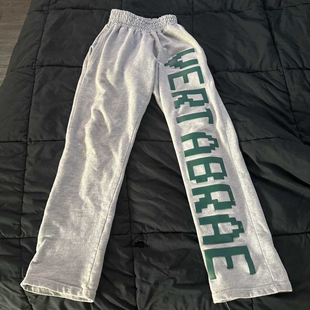 Gray Sweatpants with Green Lettering